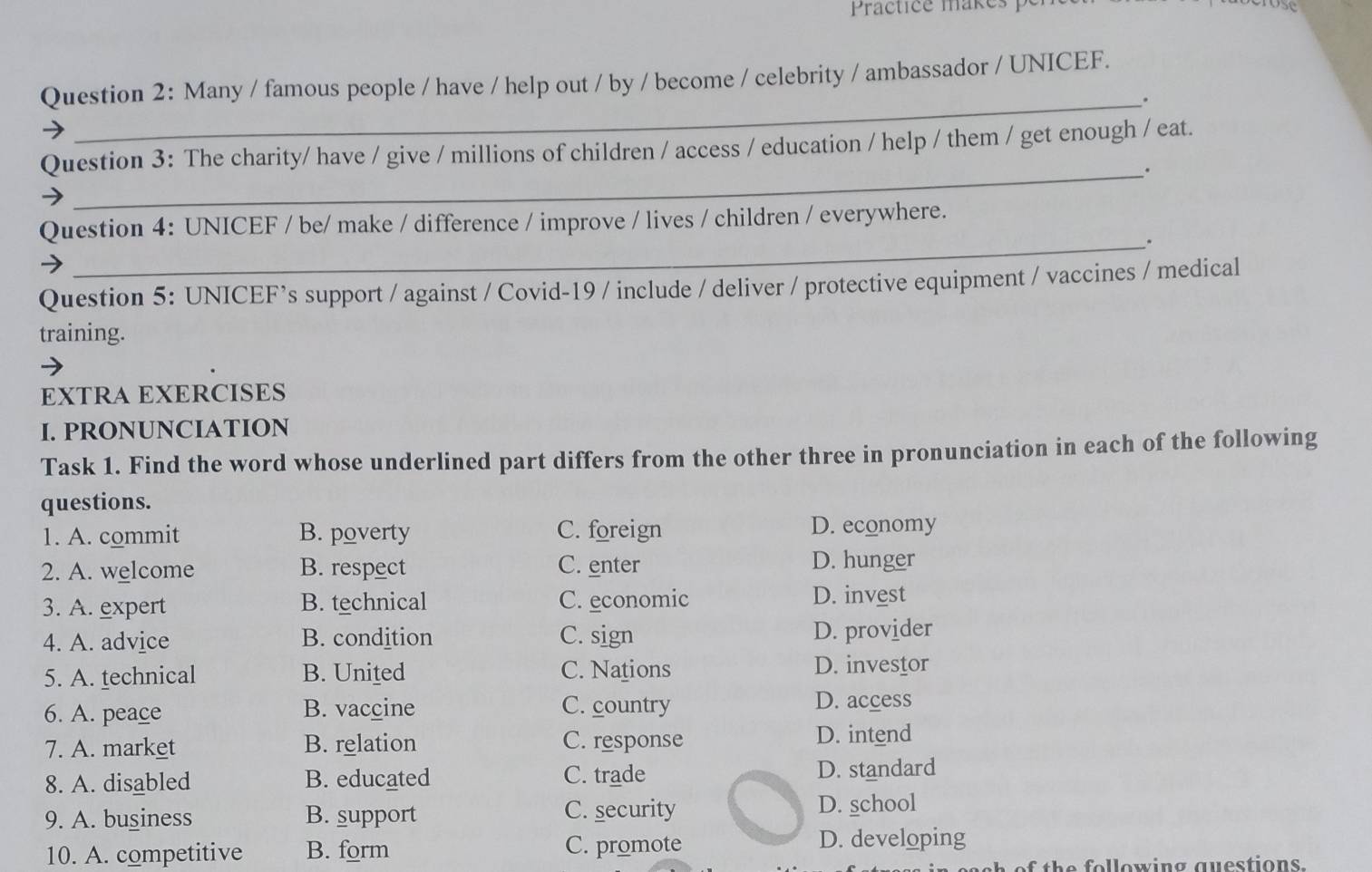 Practice makes 
Question 2: Many / famous people / have / help out / by / become / celebrity / ambassador / UNICEF.
_.
Question 3: The charity/ have / give / millions of children / access / education / help / them / get enough / eat.
_.
Question 4: UNICEF / be/ make / difference / improve / lives / children / everywhere.
__.
Question 5: UNICEF’s support / against / Covid-19 / include / deliver / protective equipment / vaccines / medical
training.
EXTRA EXERCISES
I. PRONUNCIATION
Task 1. Find the word whose underlined part differs from the other three in pronunciation in each of the following
questions.
1. A. commit B. poverty C. foreign D. economy
2. A. welcome B. respect C. enter D. hunger
3. A. expert B. technical C. economic D. invest
4. A. advice B. condition C. sign D. provider
5. A. technical B. United C. Nations D. investor
6. A. peace B. vaccine C. country
D. access
7. A. market B. relation C. response D. intend
8. A. disabled B. educated C. trade D. standard
9. A. business B. support C. security D. school
10. A. competitive B. form C. promote D. developing
the following questions.