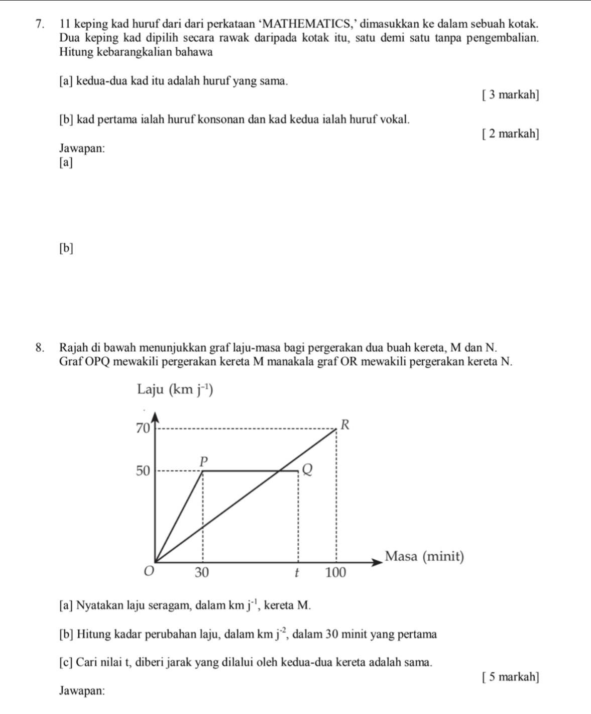 keping kad huruf dari dari perkataan ‘MATHEMATICS,’ dimasukkan ke dalam sebuah kotak. 
Dua keping kad dipilih secara rawak daripada kotak itu, satu demi satu tanpa pengembalian. 
Hitung kebarangkalian bahawa 
[a] kedua-dua kad itu adalah huruf yang sama. 
[ 3 markah] 
[b] kad pertama ialah huruf konsonan dan kad kedua ialah huruf vokal. 
[ 2 markah] 
Jawapan: 
[a] 
[b] 
8. Rajah di bawah menunjukkan graf laju-masa bagi pergerakan dua buah kereta, M dan N. 
Graf OPQ mewakili pergerakan kereta M manakala graf OR mewakili pergerakan kereta N. 
Laju (kmj^(-1))
[a] Nyatakan laju seragam, dalam kmj^(-1) , kereta M. 
[b] Hitung kadar perubahan laju, dalam kmj^(-2) , dalam 30 minit yang pertama 
[c] Cari nilai t, diberi jarak yang dilalui oleh kedua-dua kereta adalah sama. 
[ 5 markah] 
Jawapan: