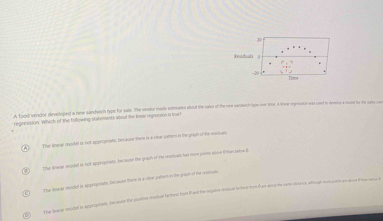 A food vendor developed a new sandwich type for sale. The vendor made estimates about the sales of the new sandwich type over time. A linear regression was used to develop a model for the sales over
regression. Which of the following statements about the linear regression is true?
A The linear model is not appropriate, because there is a clear pattern in the graph of the residuals.
B) The linear model is not appropriate, because the graph of the residuals has more points above ( than below (.
The linear model is appropriate, because there is a clear pattern in the graph of the residuals.
The linear model is appropriate, because the positive residual farthest from 0 and the negative residual farthest from 0 are about the same distance athough more points are above 0 than below 0