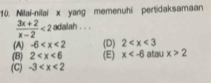 Nilai-nilai x yang memenuhi pertidaksamaan
 (3x+2)/x-2 <2</tex> adalah . . .
(A) -6 (D) 2
(B) 2 (E) x atau x>2
(C) -3