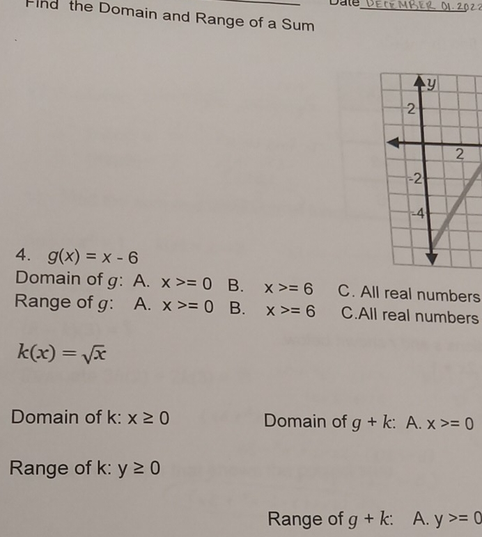 Date
ind the Domain and Range of a Sum_
4. g(x)=x-6
Domain of g: A. x>=0 B. x>=6 C. All real numbers
Range of g: A. x>=0 B. x>=6 C.All real numbers
k(x)=sqrt(x)
Domain of k : x≥ 0 Domain of g+k : A. x>=0
Range of k : y≥ 0
Range of g+k : A. y>=0