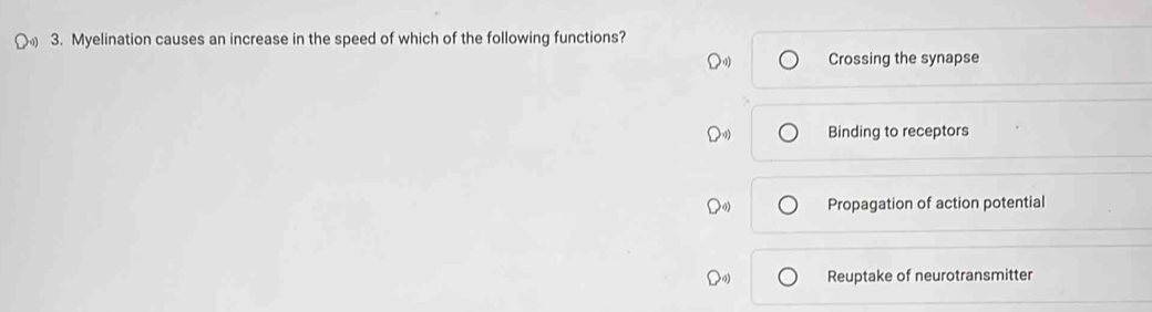 Myelination causes an increase in the speed of which of the following functions?
Crossing the synapse
Binding to receptors
Propagation of action potential
Reuptake of neurotransmitter