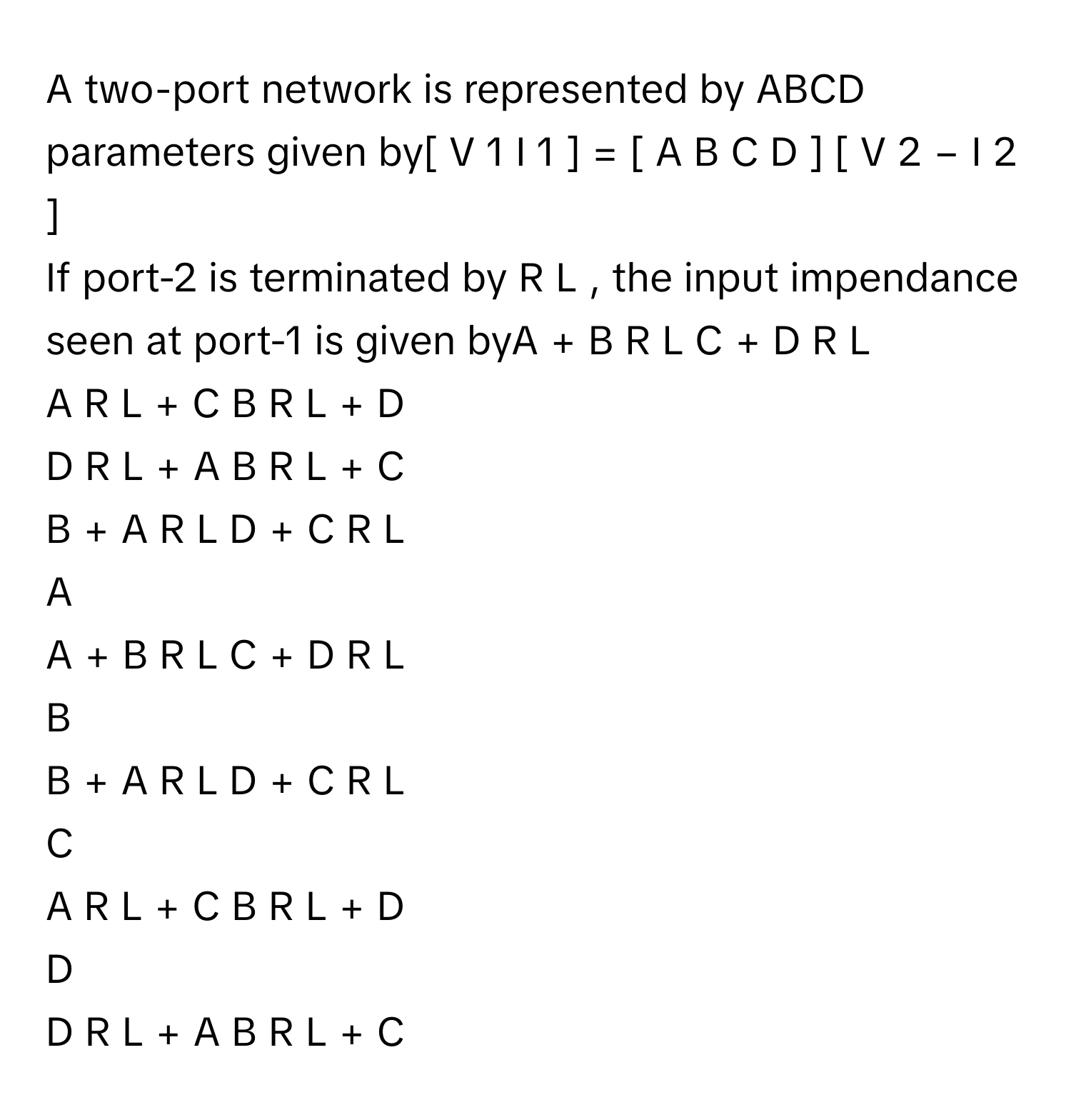 Solved: A two-port network is represented by ABCD parameters given by ...