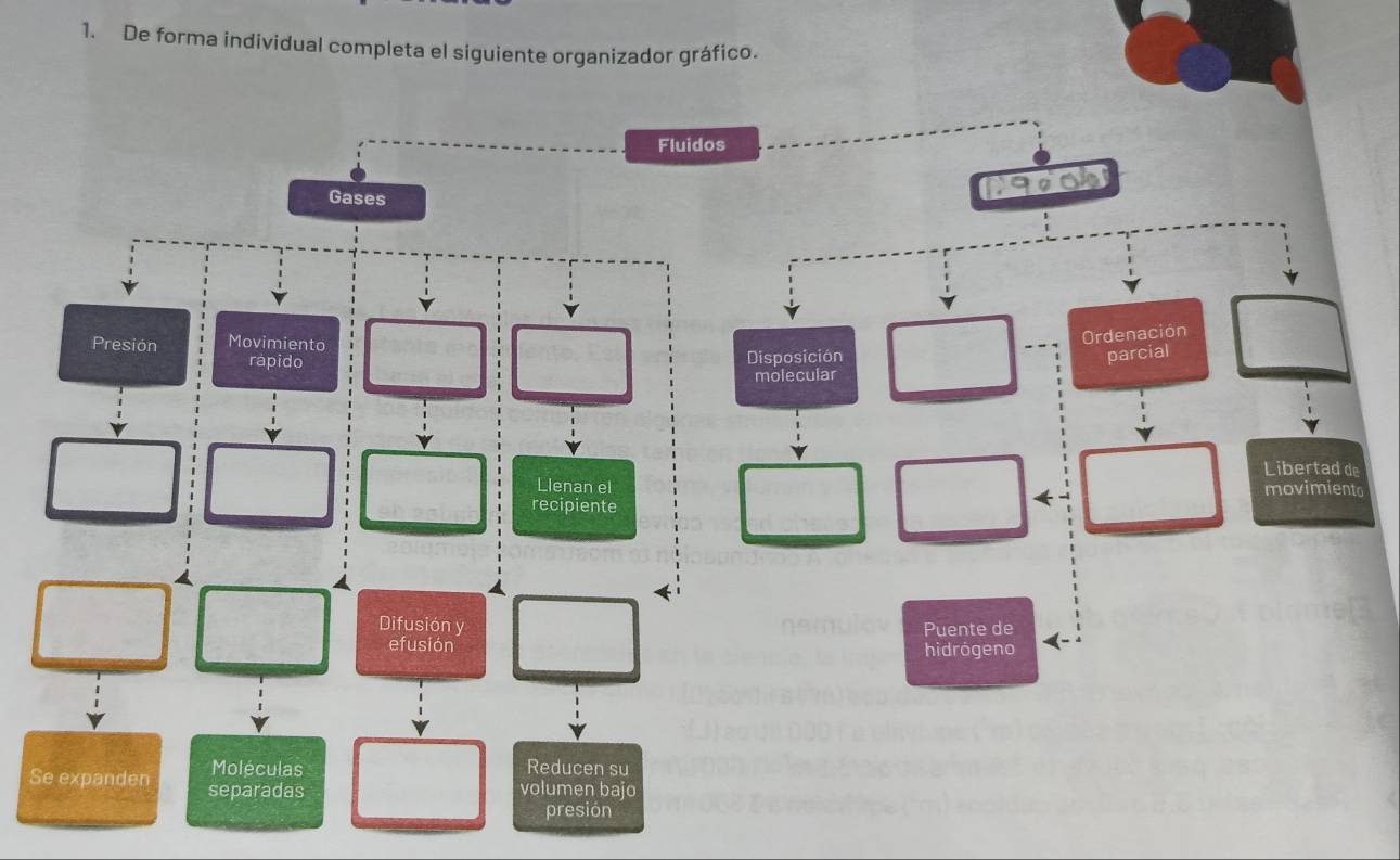 De forma individual completa el siguiente organizador gráfico. 
9 
Ordenación 
sposición 
parcial 
olecular 
Libertad de 
movimiento 
Puente de 
hidrógeno 
S