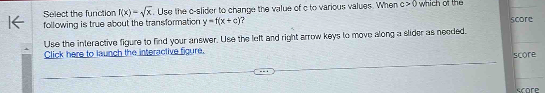 Select the function f(x)=sqrt(x). Use the c -slider to change the value of c to various values. When c>0 which of the 
following is true about the transformation y=f(x+c) ? score 
Use the interactive figure to find your answer. Use the left and right arrow keys to move along a slider as needed. 
Click here to launch the interactive figure. score 
score