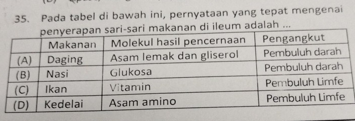 Pada tabel di bawah ini, pernyataan yang tepat mengenai 
kanan di ileum adalah ...