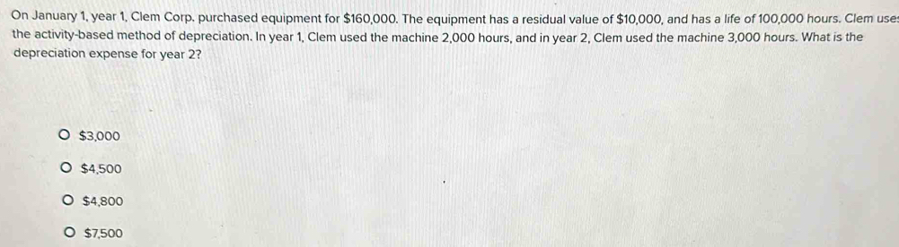 On January 1, year 1, Clem Corp. purchased equipment for $160,000. The equipment has a residual value of $10,000, and has a life of 100,000 hours. Clem use
the activity-based method of depreciation. In year 1, Clem used the machine 2,000 hours, and in year 2, Clem used the machine 3,000 hours. What is the
depreciation expense for year 2?
$3,000
$4,500
$4,800
$7,500