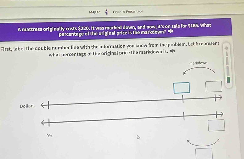 M4|L12 Find the Percentage 
A mattress originally costs $220. It was marked down, and now, it's on sale for $165. What 
percentage of the original price is the markdown? 
First, label the double number line with the information you know from the problem. Let k represent 
what percentage of the original price the markdown is. 
markdown
Dollars
0%