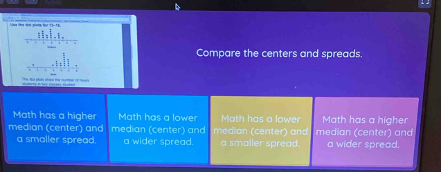 Uss the dol plots for
_ 11111.1... 
Compare the centers and spreads.
The itol plats show the number of hours Mulents in two dasers ctañed
Math has a higher Math has a lower Math has a lower Math has a higher
median (center) and median (center) and median (center) and median (center) and
a smaller spread. a wider spread a smaller spread. a wider spread.