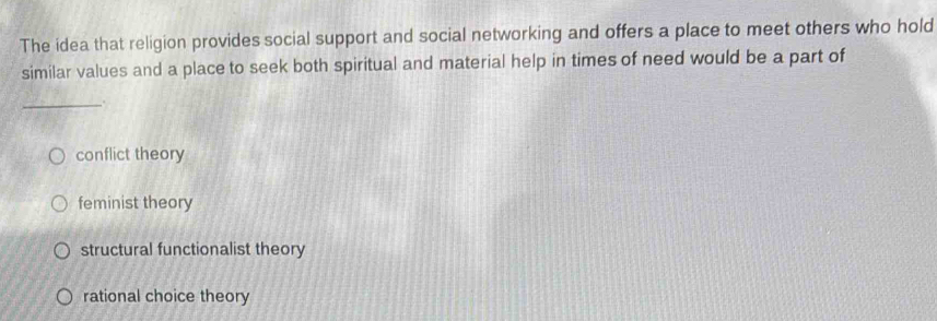 Solved: The idea that religion provides social support and social ...