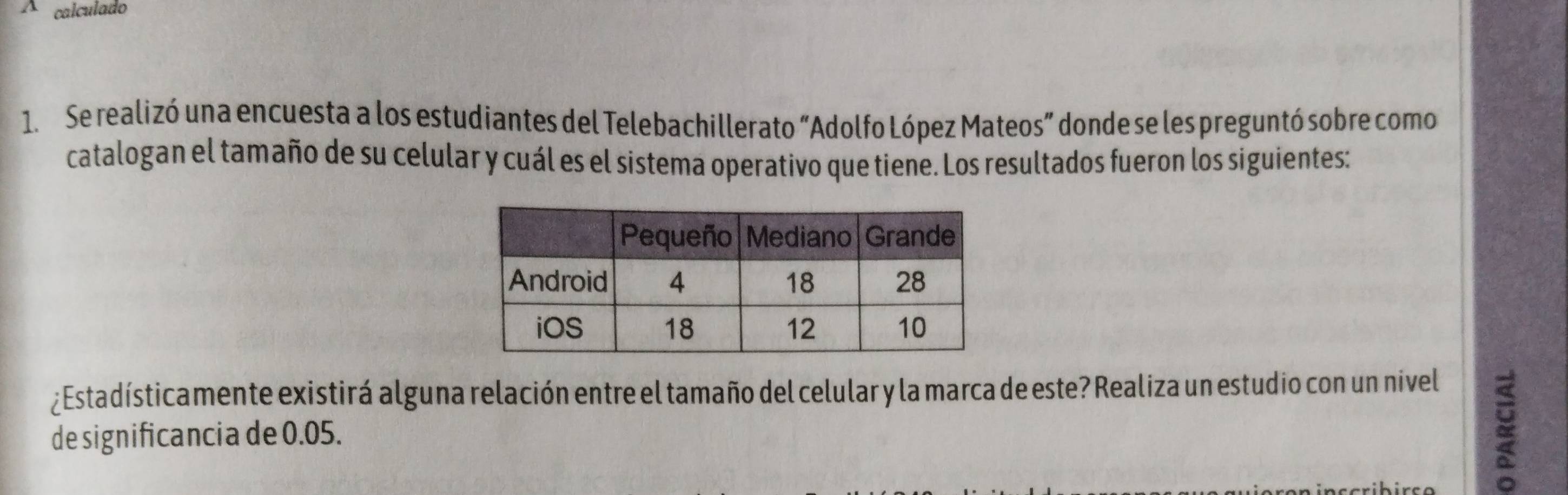 A calculado 
1. Se realizó una encuesta a los estudiantes del Telebachillerato “Adolfo López Mateos” donde se les preguntó sobre como 
catalogan el tamaño de su celular y cuál es el sistema operativo que tiene. Los resultados fueron los siguientes: 
¿Estadísticamente existirá alguna relación entre el tamaño del celular y la marca de este? Realiza un estudio con un nivel 
de significancia de 0.05.