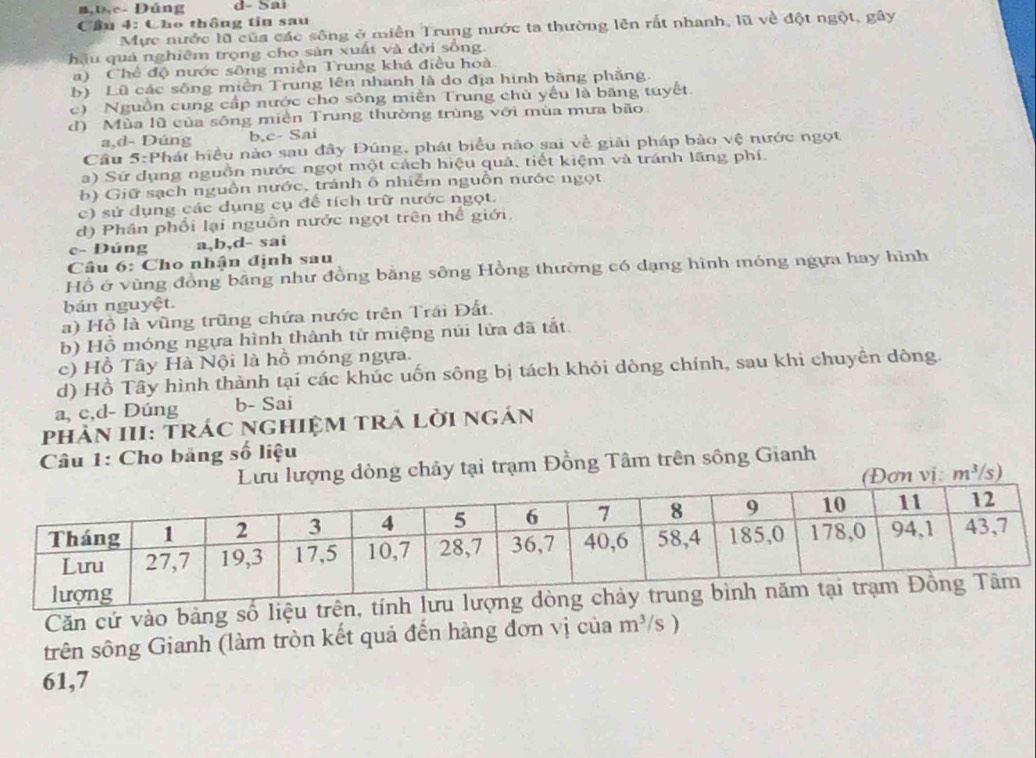 a,D,c- Đúng d- Sai
Cầu 4= Cho thông tin sau
Mực nước lũ của các sông ở miền Trung nước ta thường lên rất nhanh, lũ về đột ngột, gây
hậu quả nghiêm trọng cho sản xuất và đời sống.
a) Chế độ nước sông miền Trung khá điều hoà
b) Lũ các sông miền Trung lên nhanh là do địa hình băng phăng.
c) Nguồn cung cấp nước cho sông miền Trung chù yếu là băng tuyết.
d) Mùa lũ của sông miền Trung thường trùng với mùa mưa bão
a,d- Dúng b,c- Sai
Cầu 5:Phát biểu nào sau đây Đúng, phát biểu nào sai về giải pháp bảo vệ nước ngọt
a) Sứ dụng nguồn nước ngọt một cách hiệu quả, tiết kiệm và tránh lãng phí.
b) Giữ sạch nguồn nước, tránh ô nhiễm nguồn nước ngọt
c) sử dụng các dụng cụ để tích trữ nước ngọt.
d) Phân phối lại nguồn nước ngọt trên thể giới.
c- Đúng a,b,d- sai
Câu 6: Cho nhận định sau
Hồ ở vùng đồng băng như đồng bằng sông Hồng thường có dạng hình móng ngựa hay hình
bán nguyệt.
a) Hộ là vũng trũng chứa nước trên Trái Đất.
b) Hồ móng ngựa hình thành từ miệng núi lửa đã tắt
c) Hồ Tây Hà Nội là hồ móng ngựa.
d) Hồ Tây hình thành tại các khúc uốn sông bị tách khỏi dòng chính, sau khi chuyền dòng.
a, c,d- Dúng b- Sai
phản III: trác nghiệm trả lời ngán
Câu 1: Cho bảng số liệu
Lưu lượng dòng chây tại trạm Đồng Tâm trên sông Gianh
(Đơn vị: m^3/ s)
Căn cứ vào bảng số liệu
trên sông Gianh (làm tròn kết quả đến hàng đơn vị của m^3/ s )
61,7