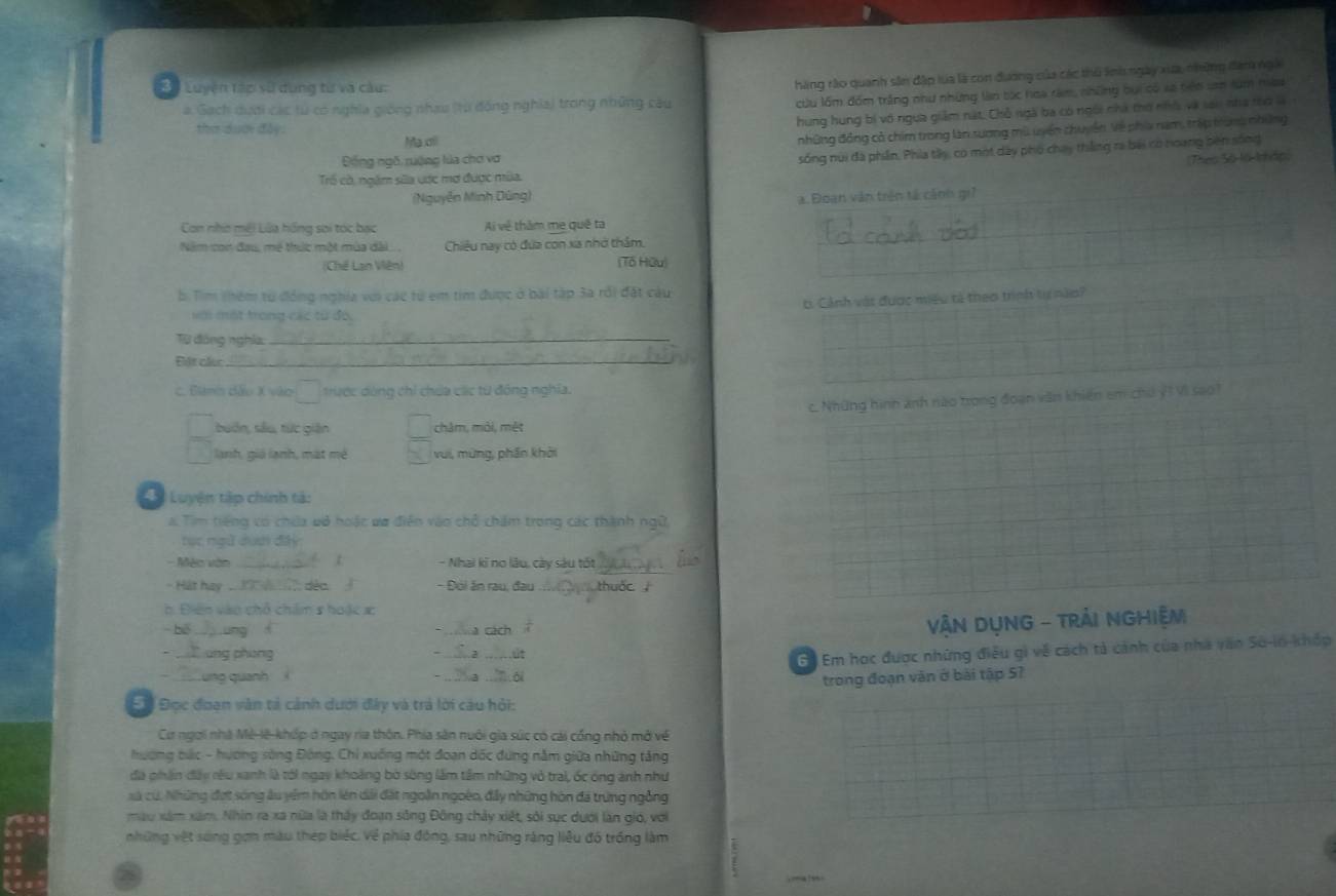 ố Luyện tậo sử dùng từ và câu:
hàng rào quanh sin đập lua là con đương của các thủ lh ngày xua, những đam ngài
a. Gạch dưới các từ có nghĩa giống nhau (từ đồng nghĩa) trong những câu
cu lớm đồm trắng như những ln tọc hoa ràm, những bụi có xã biên san sum haa
hung hung bí vô ngựa giảm nặt, Chỗ ngà ba có ngôi nhà thờ nhỏ và lai nhà too là
thờ dưới đây:
Maơil
những động có chim trong làn sương mù uyển chuyên Về phía nam, trập trong nhiững
Đếng ngô, ruộng lủa chơ vơ
sống núi đã phần, Phía tây, có một dây phố chay thắng ra bái có noang bên sống
Trố cổ, ngăm sĩa ược mơ được mùa. Theo Số-16-knhập
(Nguyễn Minh Dúng) 
Con nhờ méi Lửa hồng soi tóc bạc A về thăm me quê ta
Năm con đau, mề thức một mùa dài .. . Chiêu nay có đứa con xa nhớ thảm,
(Chế Lan Viên) (Tổ Hữu)
b. Tim thêm từ đồng nghía với các từ em tim được ở bài tập 3a rồi đặt câu
ti Cảnh vật được miệu tả theo trình tự nào?
sm một trong các tử đó,
Từ đáng nghĩa_
Eết cáác_
C. Biành dấu X vào trược dòng chỉ chứa các từ động nghĩa.
c. Những hình ảnh nào trong đoạn văn khiến em chú v1 VI sao1
buốn, sâu, tức giản châm, môi, mét
lanh, giá lạnh, mát mê vui, mừng, phần khởi
Luyện tập chính tả:
a Tim tiếng có chia vô hoặc vơ điễn vào chỗ chám trong các thành ngữ,
tục ngữ duc đây
_
- Méo vàn f t - Nhai ki no lâu, cày sàu tốt
- Hát hay à n dào f - Đói ăn rau, đau _thuốc 
h Điên vào chỗ chim s hoặc x
- bế __i
a cách
VậN DụNG - TRảI NGHiệM
ung phung
Eó Em học được những điều gi về cách tả cảnh của nhà văo So-io-khốp
Lung quanh __ôi
trong đoạn văn ở bài tập 57
Eố Đọc đoạn văn tả cảnh dưới đây và trả lời cáu hỏi:
Cơ ngơi nhà Mè-lê-khốp ở ngay ria thôn. Phía sân nuôi gia súc có cái cổng nhỏ mở về
hương bức - hương sòng Đông, Chỉ xuống một đoạn dốc đứng nằm giữa những tăng
đã phần đấy rêu xanh là tới ngay khoảng bò sông lắm tâm những vô trai, ốc ông ảnh như
xà cử. Những đợt sóng âu yêm hôn lên dài đất ngoàn ngoào, đẫy những hòn đá trừng ngồng
mau xâm xam. Nhin ra xa nữa là thấy đoạn sông Đông chảy xiết, sới sục dưới làn gió, với
những vệt sống gọn màu thép biếc. Về phía đông, sau những rằng liêu đó trồng làm
78