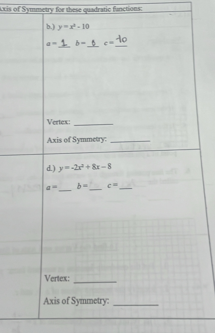 Axis of Symmetry for these quadratic functions: