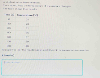 A student mixes two chemicals 
They record how the temperature of the mixture changes. 
The table shows their results. 
Explain whether the reaction is an endothermic or an exothermic reaction. 
(2 marks) 
Enter ansser