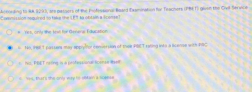 Solved: According to RA 9293, are passers of the Professional Board ...