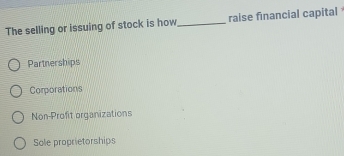 The selling or issuing of stock is how_ raise financial capital
Partnerships
Corporations
Non-Profit organizations
Sole proprietorships