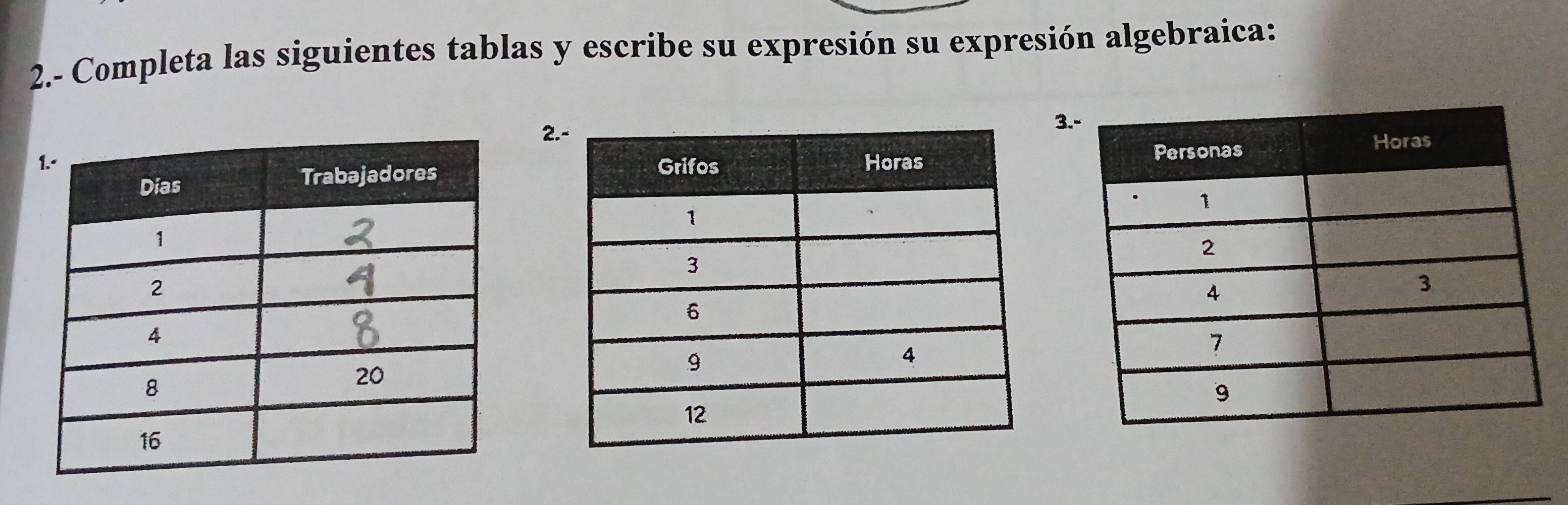 2.- Completa las siguientes tablas y escribe su expresión su expresión algebraica: 
2 
3.