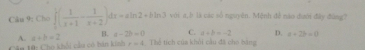 Cho ∈tlimits _0^(1(frac 1)x+1- 1/x+2 )dx=aln 2+bln 3 với a, ½ là các số nguyên. Mệnh để nào dưới đây đứng?
A.
Câu 10: Cho khối cầu có bán kính a+b=2 B. a-2b=0 C. a+b=-2 D. a+2b=0
r=4 Thể tích của khối cầu đã cho bằng