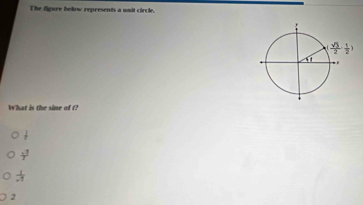 The figure below represents a unit circle.
What is the sine of t?
 1/a 
 sqrt(3)/2 
 1/sqrt(3) 
2