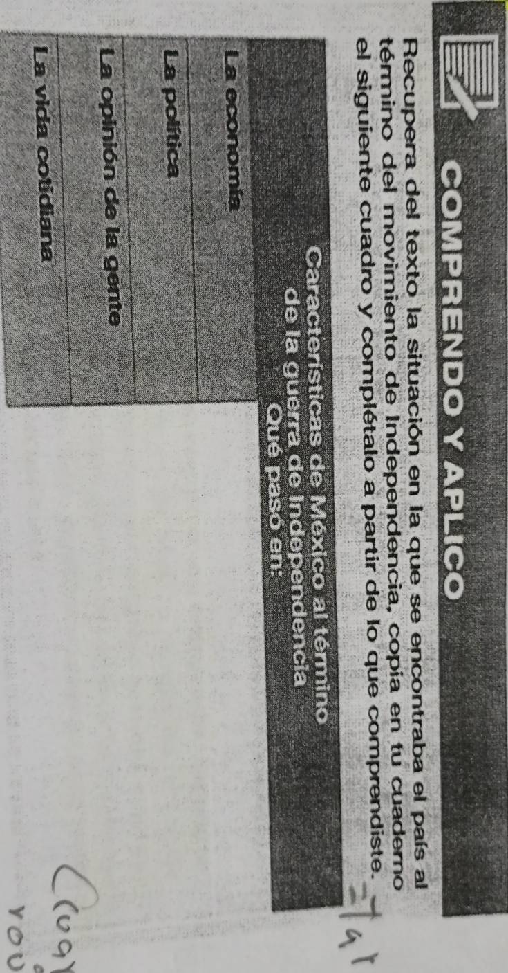 COMPRENDO Y APLICO 
Recupera del texto la situación en la que se encontraba el país al 
término del movimiento de Independencia, copía en tu cuaderno 
el siguiente cuadro y complétalo a partir de lo que comprendiste.