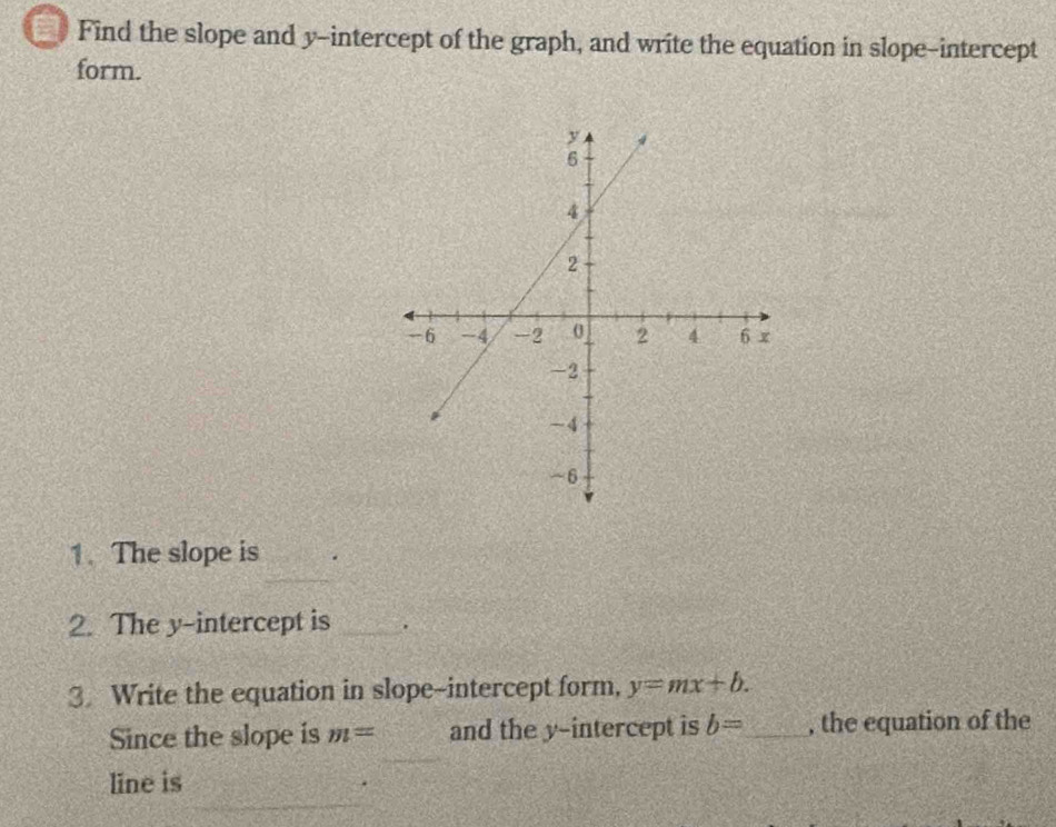 Find the slope and y-intercept of the graph, and write the equation in slope-intercept 
form. 
1. The slope is 
2. The y-intercept is_ 
3 Write the equation in slope-intercept form, y=mx+b. 
Since the slope is m= and the y-intercept is b= _ , the equation of the 
line is