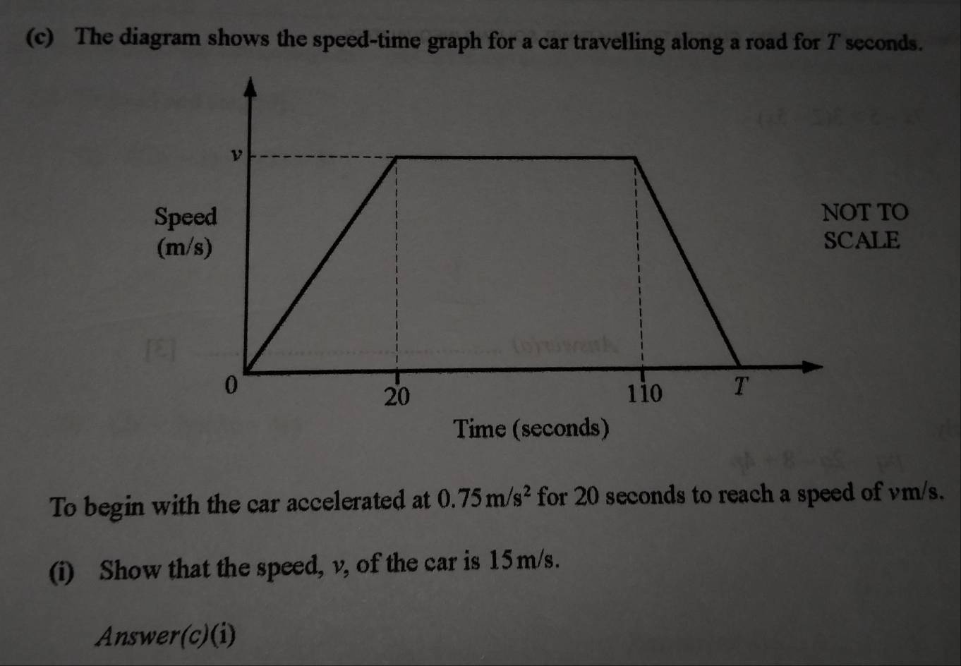 The diagram shows the speed-time graph for a car travelling along a road for T seconds. 
Speed TO
(m/s)LE 
Time (seconds) 
To begin with the car accelerated at 0.75m/s^2 for 20 seconds to reach a speed of vm/s. 
(i) Show that the speed, v, of the car is 15m/s. 
Answer(c)(i)