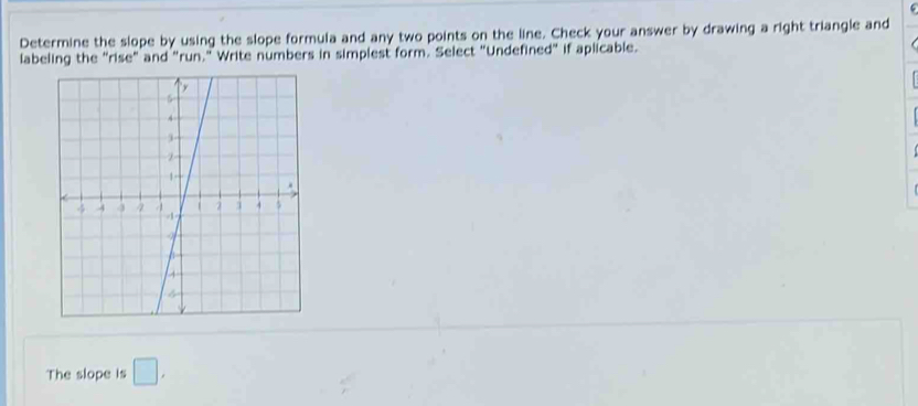 Determine the slope by using the slope formula and any two points on the line. Check your answer by drawing a right triangle and 
labeling the "rise" and "run." Write numbers in simplest form. Select "Undefined" if aplicable. 
The slope is □ ,