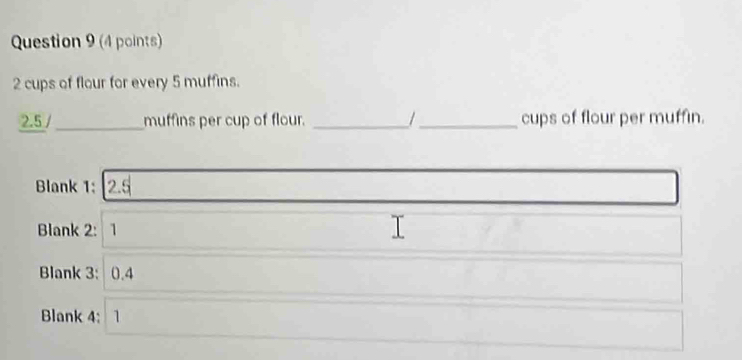 2 cups of flour for every 5 muffins. 
2.5 / _muffins per cup of flour. __cups of flour per muffin. 
Blank 1: 2.5
Blank 2: 1 
Blank 3: 0.4
Blank 4: 1