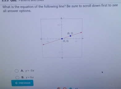 What is the equation of the following line? Be sure to scroll down first to see
all answer options.
A. y=-3x
B. y=6x
PREVIOUS