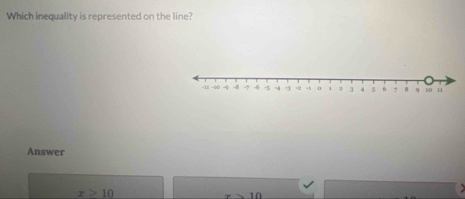 Which inequality is represented on the line? 
Answer
x≥ 10
x>10