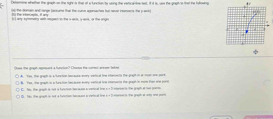 Determine whether the graph on the right is that of a function by using the vertical-line test. If it is, use the graph to find the following.
(a) the domain and range (assume that the curve approaches but never intersects the y-axis)
(b) the intercepts, if any
(c) any symmetry with respect to the x-axis, y-axis, or the origin
Does the graph represent a function? Choose the correct answer below.
A. Yes, the graph is a function because every vertical line intersects the graph in at most one point.
B. Yes, the graph is a function because every vertical line intersects the graph in more than one point.
C. No, the graph is not a function because a vertical line x=3 intersects the graph at two points.
D. No, the graph is not a function because a vertical line x=3 intersects the graph at only one point.