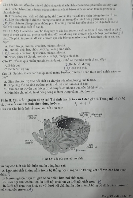 Khi nói đến cầu trúc và chức năng các thành phần của tế bào, phát biểu sau đây sai?
A. Thành phần chính cầu tạo màng sinh chất của tế bào ở sinh vật nhân thực là protein và
phospholypid.
B. Trên màng sinh chất có những thụ thể (protein thụ thể) để thu nhận thông tin cho tế bào.
C. Lớp phospholipid chỉ cho những chất nhỏ tan trong đầu mỡ, không phân cực đi qua.
D. Các phân tử glicoprotein không phải là những thụ thể hay đầu chuân để nhận biết các tế
bào với nhau, nhận biết tế bào lạ.
Câu 16: Một loại tế bảo lymphô tổng hợp ra các loại protein xuất ra khôi tế bào, người ta đã sử
dụng kĩ thuật đánh dầu phóng xạ để theo đõi con đường vận chuyển của các loại protein trong tế
bảo. Các phân tử protein đã vận chuyển qua các bảo quan nào trong tế bào theo trật tự nào sau
dây?
A. Phức Golgi, lưới nội chất hạt, màng sinh chất.
B. Lưới nội chất hạt, phức hệ Golgi, màng sinh chất.
C. Lưới nội chất trơn, lysosome, màng sinh chất.
D. Nhân, phức hệ Golgi, lưới nội chất hạt, màng sinh chất.
Câu 17: Nếu ăn quá nhiều protein (chất đạm), cơ thể có thể mắc bệnh gì sau đây?
A. Bệnh gút Bộ Bệnh tiểu đường
C. Bệnh đau dạ dày D. Bệnh mỡ máu
Câu 18: Sự hình thành các bảo quan có màng bao bọc ở tế bảo nhân thực có ý nghĩa nào sau
dây?
A. Giúp tăng tốc độ trao đổi chất và chuyển hóa năng lượng của tế bào.
B. Giúp tăng tốc độ sinh trưởng, phát triển và sinh sản của tế bảo.
C. Đám bảo sự truyền đạt thông tin di truyền chính xác qua các thể 71 é tế bào.
D. Đảm bảo cho nhiều hoạt động sống diễn ra trong cùng một thời gian.
Phần II. Câu trắc nghiệm đúng sai. Thí sinh trã lời từ câu 1 đến câu 4. Trong mỗi ý a), b),
c), d) ở mỗi câu, thí sinh chọn đúng hoặc sai
Câu 19: Cho hình ảnh về lưới nội chất như sau:
Em hãy cho biết các kết luận sau là đúng hay sai?
A. Lưới nội chất không nằm trong hệ thống nội màng vì nó không kết nổi với các bào quan
khác. S
B. Người nghiện rượu thì gan sẽ có nhiều lưới nội chất trơn.
C. Lưới nội chất có hai loại là lưới nội chất hạt và lưới nội chất trơn.
D. Lưới nội chất trơn khác so với lưới nội chất hạt là trên màng không có đính các ribosome
mà chứa các enzyme.4)
Trang 3/5 - Mã đề thi 132