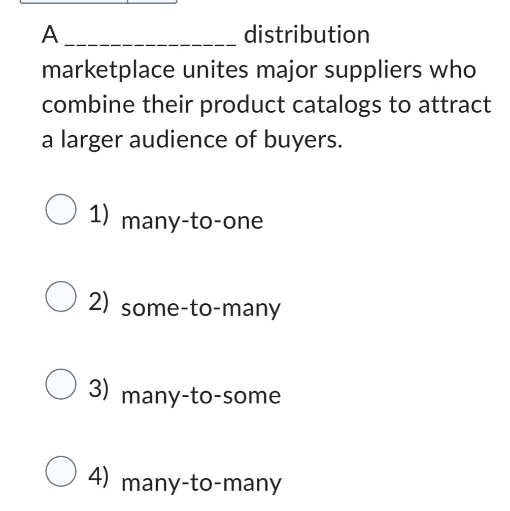 A_ distribution
marketplace unites major suppliers who
combine their product catalogs to attract
a larger audience of buyers.
1) many-to-one
2) some-to-many
3) many-to-some
4) many-to-many