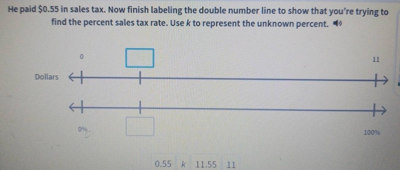 He paid $0.55 in sales tax. Now finish labeling the double number line to show that you’re trying to 
find the percent sales tax rate. Use k to represent the unknown percent.
0.55 k 11.55 11