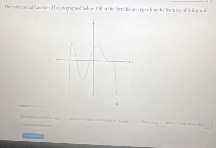 The polynumial function f(x) is graphed below. Fill in the form below regarding the features of this graph. 
The degne of I s)is odd and the leading corificient is negative There are distinct real zeres and 2
Rfeerecs