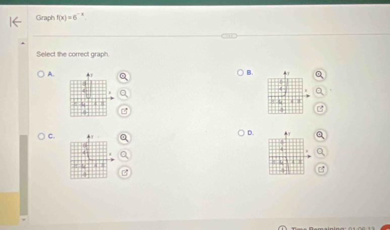 Graph f(x)=6^-
Select the correct graph. 
B. 
A. 
C. 
D.

7