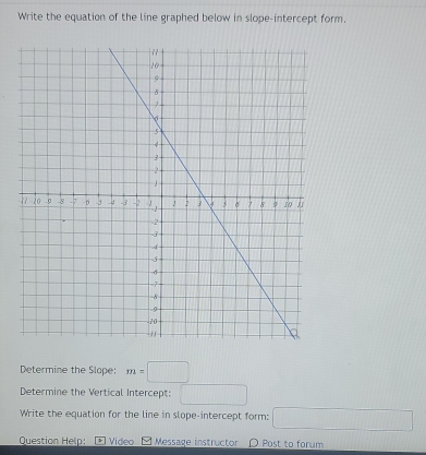 Write the equation of the line graphed below in slope-intercept form. 
Determine the Slope: m=□
Determine the Vertical Intercept: □ 
Write the equation for the line in slope-intercept form: □ 
Question Help: Video - Message instructor ( Post to forum