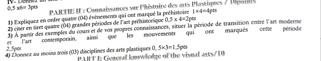 0,5* 6=3p ts 
PARTIE II : Connaissances sur Phistoire des arts Plastiques / 10poiis 
1) Expliquez en ordre quatre (04) évènements qui ont marqué la préhistoire 1* 4=4pts
2) citer en tiret quatre (04) grandes périodes de l’art préhistorique 0,5* 4=2pts
3) À partir des exemples du cours et de vos propres connaissances, situer la période de transition entre l'art moderne 
et l'art contemporain, ainsi que les mouvements qui ont marqués cette période
2,5pts
4) Donnez au moins trois (03) disciplines des arts plastiques 0, 5* 3=1,5pts
PART I: General knowledge of the visual arts/10