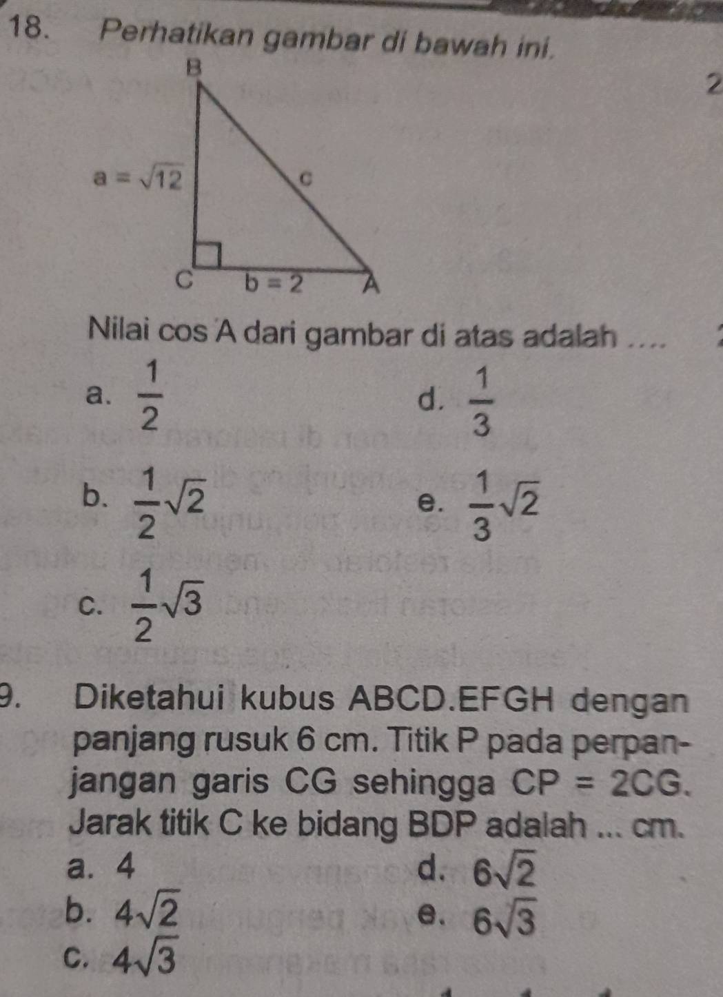 Perhatikan gambar di bawah ini.
2
Nilai cos A dari gambar di atas adalah ....
a.  1/2  d.  1/3 
b.  1/2 sqrt(2)
e.  1/3 sqrt(2)
C.  1/2 sqrt(3)
9. Diketahui kubus ABCD.EFGH dengan
panjang rusuk 6 cm. Titik P pada perpan-
jangan garis CG sehingga CP=2CG.
Jarak titik C ke bidang BDP adalah ... cm.
a. 4 d. 6sqrt(2)
b. 4sqrt(2) e. 6sqrt(3)
C. 4sqrt(3)