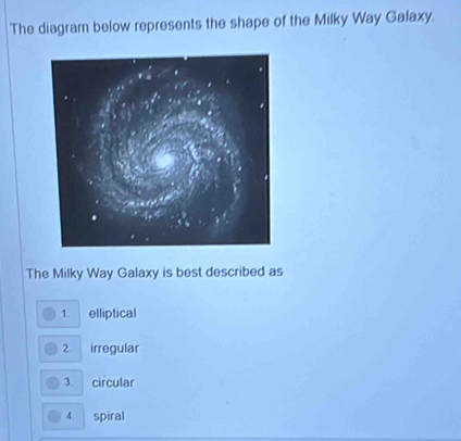 The diagram below represents the shape of the Milky Way Galaxy.
The Milky Way Galaxy is best described as
1. elliptical
2 irregular
3. circular
4 spiral