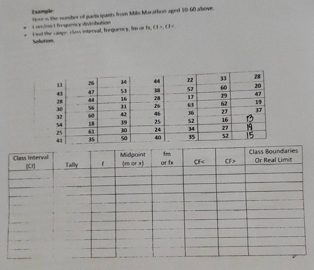 Example: 
Here i the number of participants from Milo Marathon aged 10-60 above. 
Construct frequency distribution 
Find the range, class interval, frequency, Im or fx, CF>, CF < . 
Solution