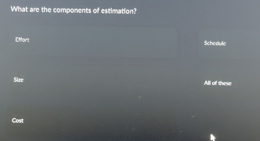 What are the components of estimation?
Effort Schedule
Size All of these
Cost