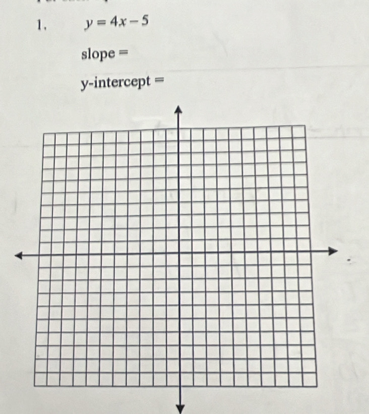 y=4x-5
slope =
y-intercept =