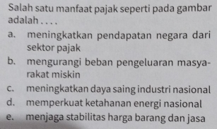 Salah satu manfaat pajak seperti pada gambar
adalah . . . .
a. meningkatkan pendapatan negara dari
sektor pajak
b. mengurangi beban pengeluaran masya-
rakat miskin
c. meningkatkan daya saing industri nasional
d. memperkuat ketahanan energi nasional
e. menjaga stabilitas harga barang dan jasa