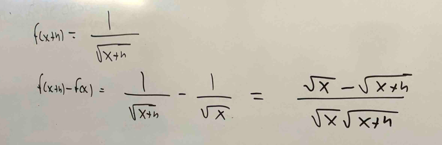 f(x+n)= 1/sqrt(x+n) 
f(x+4)-f(x)= 1/sqrt(x+4) - 1/sqrt(x) = (sqrt(x)-sqrt(x+4))/sqrt(x)sqrt(x+4) 