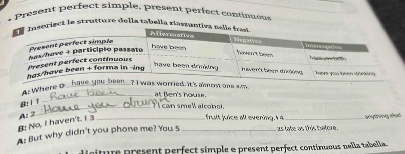 Present perfect simple, present perfect continuous 
sci le strutture della tabella riass 
A: Where 
.m. 
_at Ben's house. 
B: Ⅰ 1
_? I can smell alcohol. 
A: 2
B: No, I haven’t. I 3 _ 
fruit juice all evening. I 4 _anything else! 
A: But why didn’t you phone me? You 5_ 
as late as this before. 
di giture present perfect simple e present perfect continuous nella tabella.