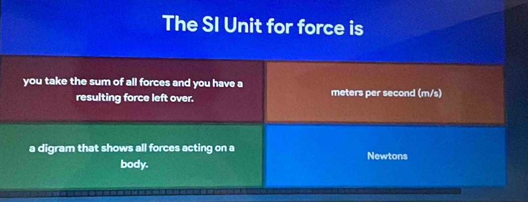 The SI Unit for force is 
you take the sum of all forces and you have a 
resulting force left over.
meters per second (m/s) 
a digram that shows all forces acting on a 
Newtons 
body.