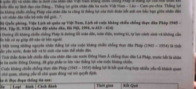 à quân đội và nhân dân la dưới của nhân dân Việt Nam kháng chiến chống Pháp là tháng lội của tình doan kết 
hiền đầu sự lãnh đạo của Đảng... Thắng lợi giữa nhân dân ba nước Việt Nam - Lào - Cam-pu-chia. Thắng lợi 
ha kháng chiến chống Pháp của nhân dân ta cũng là thắng lợi của tình đoàn kết anh em bầu bạn giữa nhân dân 
4 với nhân dân tiến bộ trên thể giới...'. 
Bộ Quốc phòng, Viện Lịch sử quân sự Việt Nam, Lịch sử cuộc kháng chiến chống thực dân Pháp 1945 - 
1954, Tập II, NXB Quân đội nhân dân, Hà Nội, 1994, từ 613-614)
ộ Đường lối kháng chiến chống Pháp là đường lối toàn dân, toàn điện, trường ki, tự lực cánh sinh và không cần 
ến bắt cứ sự giúp đỡ nào từ bên ngoài. 
Một trong những nguyên nhân thắng lợi của cuộc kháng chiến chống thực dân Pháp (1945-1954) là tính 
vân yêu nước, đoàn kết và hi sinh của toàn thể nhân dân. 
Tinh thần đoàn kết chiến đầu của nhân dân các nước Đông Nam Á chống thực dân Là Pháp, trước hết là nhân 
in ba nước Đông Dương, đã góp phần to lớn vào thắng lợi của cuộc kháng chiến. 
Cuộc kháng chiến chống thực dân Pháp (1945-1954) thắng lợi là kết quá tổng hợp nhiều yếu tố khách quan 
chủ quan, nhưng yếu tổ chú quan đóng vai trò quyết định. 
Âu 4: Đọc đoạn thông tin sau: 
ên Loại hinh Cách đánh Thời gian Kết Quả