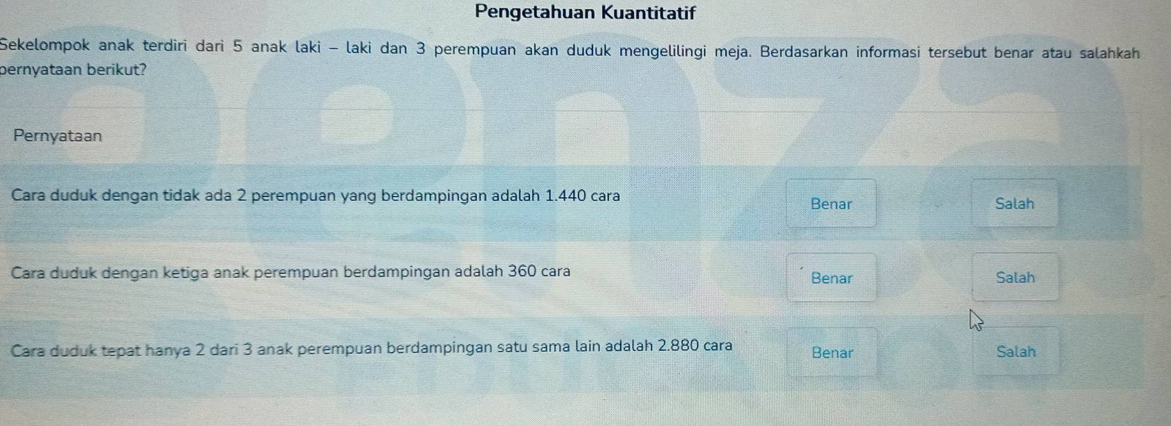 Pengetahuan Kuantitatif
Sekelompok anak terdiri dari 5 anak laki - laki dan 3 perempuan akan duduk mengelilingi meja. Berdasarkan informasi tersebut benar atau salahkah
pernyataan berikut?
Pernyataan
Cara duduk dengan tidak ada 2 perempuan yang berdampingan adalah 1.440 cara
Benar Salah
Cara duduk dengan ketiga anak perempuan berdampingan adalah 360 cara Benar Salah
Cara duduk tepat hanya 2 dari 3 anak perempuan berdampingan satu sama lain adalah 2.880 cara Benar Salah